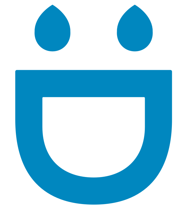 Smiley face made of blue shapes with two teardrop-shaped eyes and a wide, open mouth.