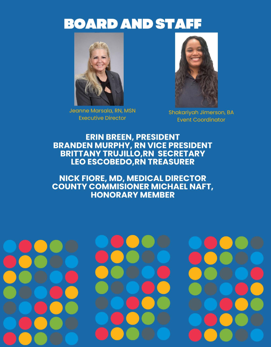 A colorful poster with headshots and names of board and staff members, including Jeanne Marsala and Shakariyah Jimerson, with titles and roles, a list of other team members, and a pattern of multicolored dots at the bottom.