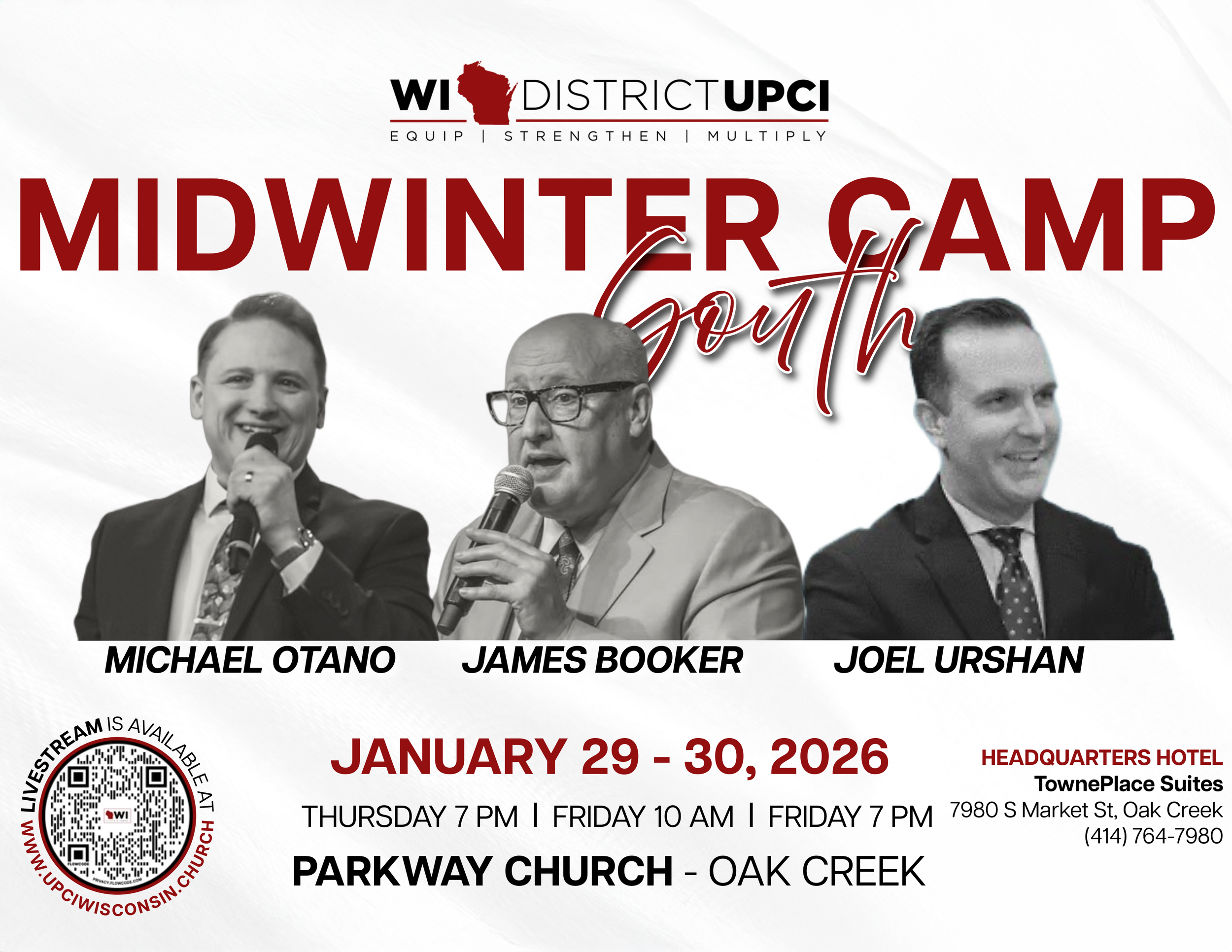 A promotional flyer for the Midwinter Camp South event, hosted by the Wisconsin District. Features photos of three speakers: Michael Otano, James Booker, and Joel Urshan. Event dates are January 29-30, 2026, with registration details, venue at Parkway Church in Oak Creek, and a QR code for livestream access.