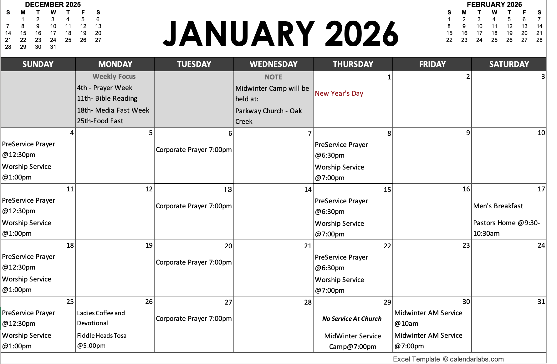 January 2026 church and community calendar Grace Church of Tosa Wauwatosa  United Pentecostal Church Community.