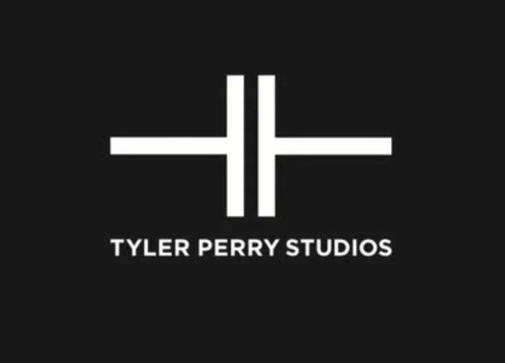 Logo with two vertical lines and two horizontal lines forming a stylized 'H', with 'TYLER PERRY STUDIOS' written below in white text on a black background.