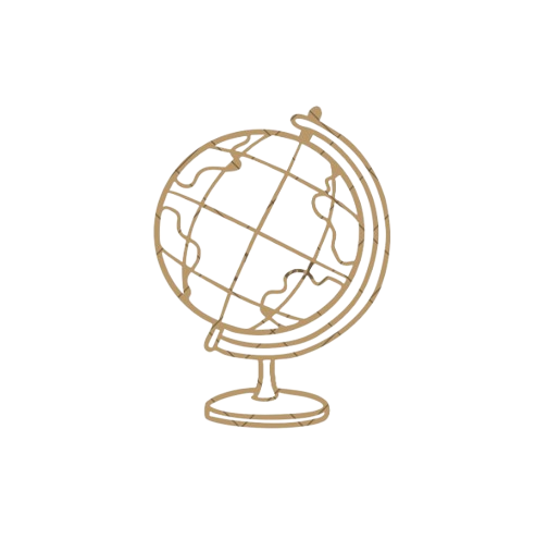 A gold-colored globe icon on a black background.