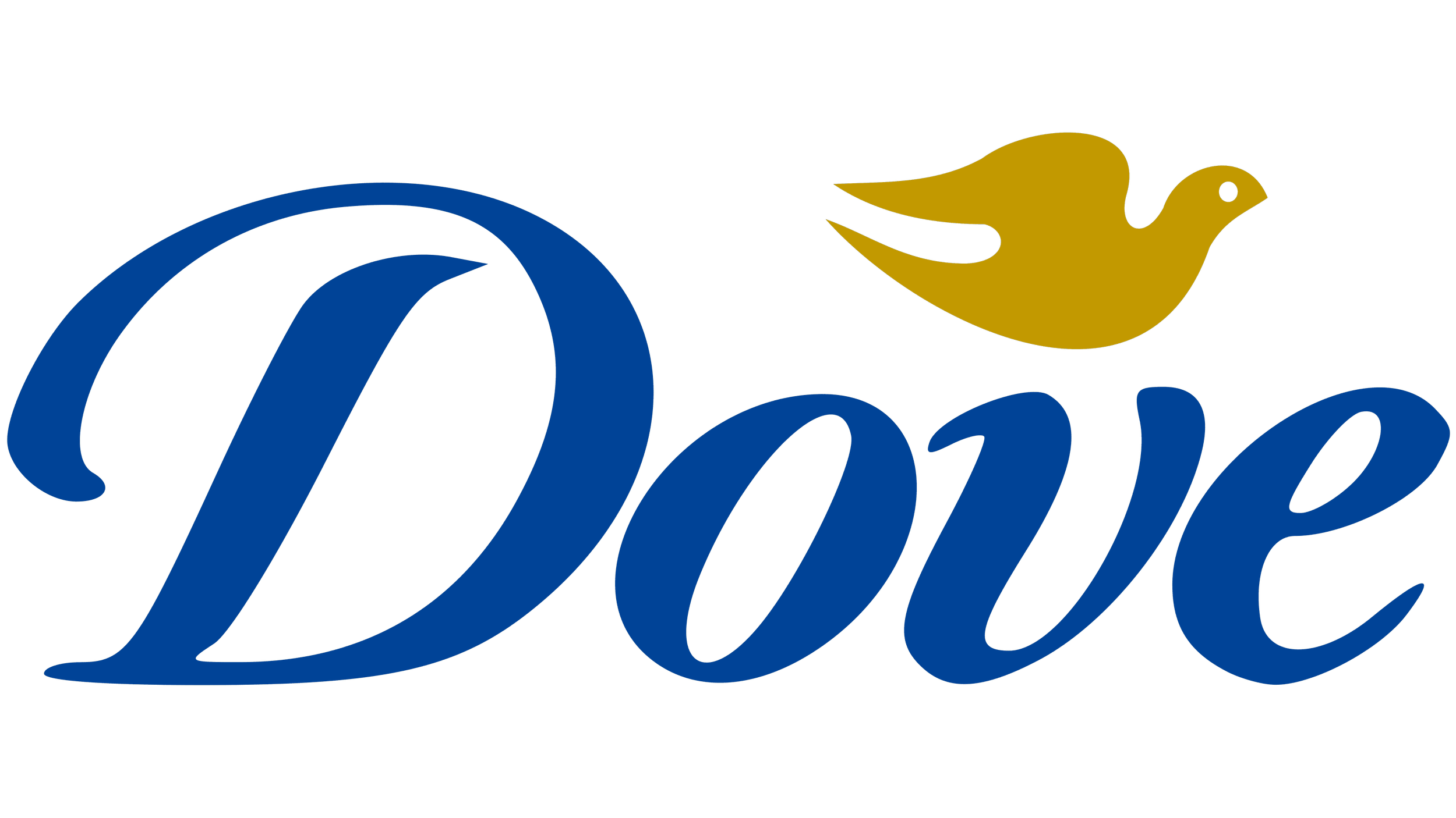 Dove logo with the word 'Dove' in blue cursive font and a small gold dove icon above the letter 'v'