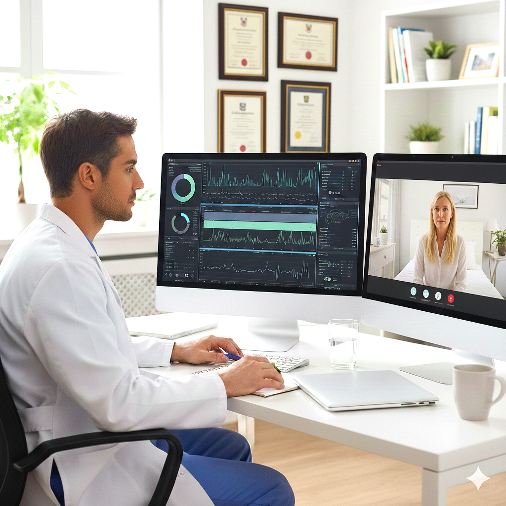 A male doctor in a white coat sitting at a desk during a video call with a female patient, with medical data on his computer screens in a well-lit office with framed certificates and potted plants.