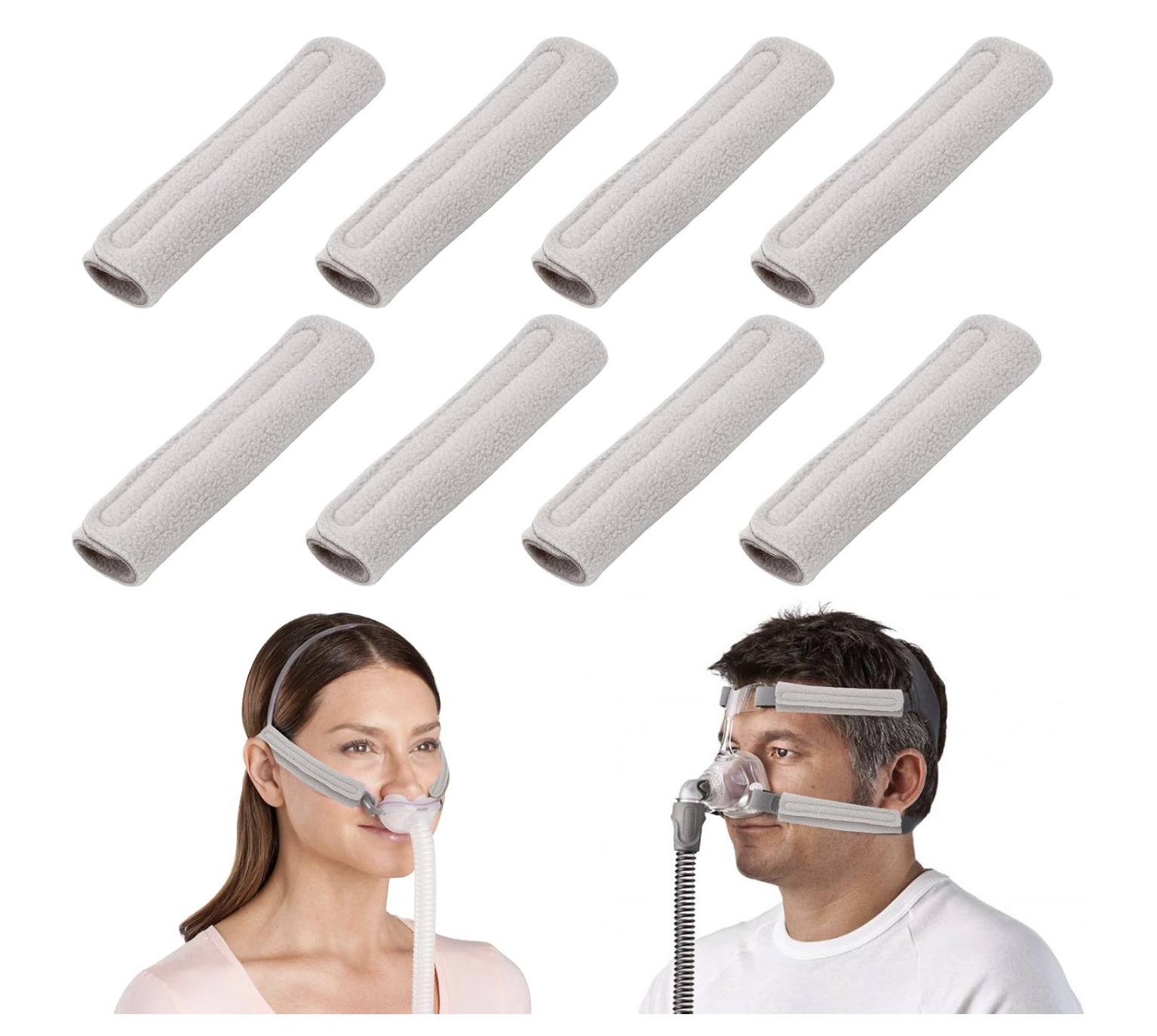 Eight unused white fabric nose pads arranged in two rows, and two people wearing CPAP masks with headgear, the woman on the left with a nasal mask and the man on the right with a full face mask.