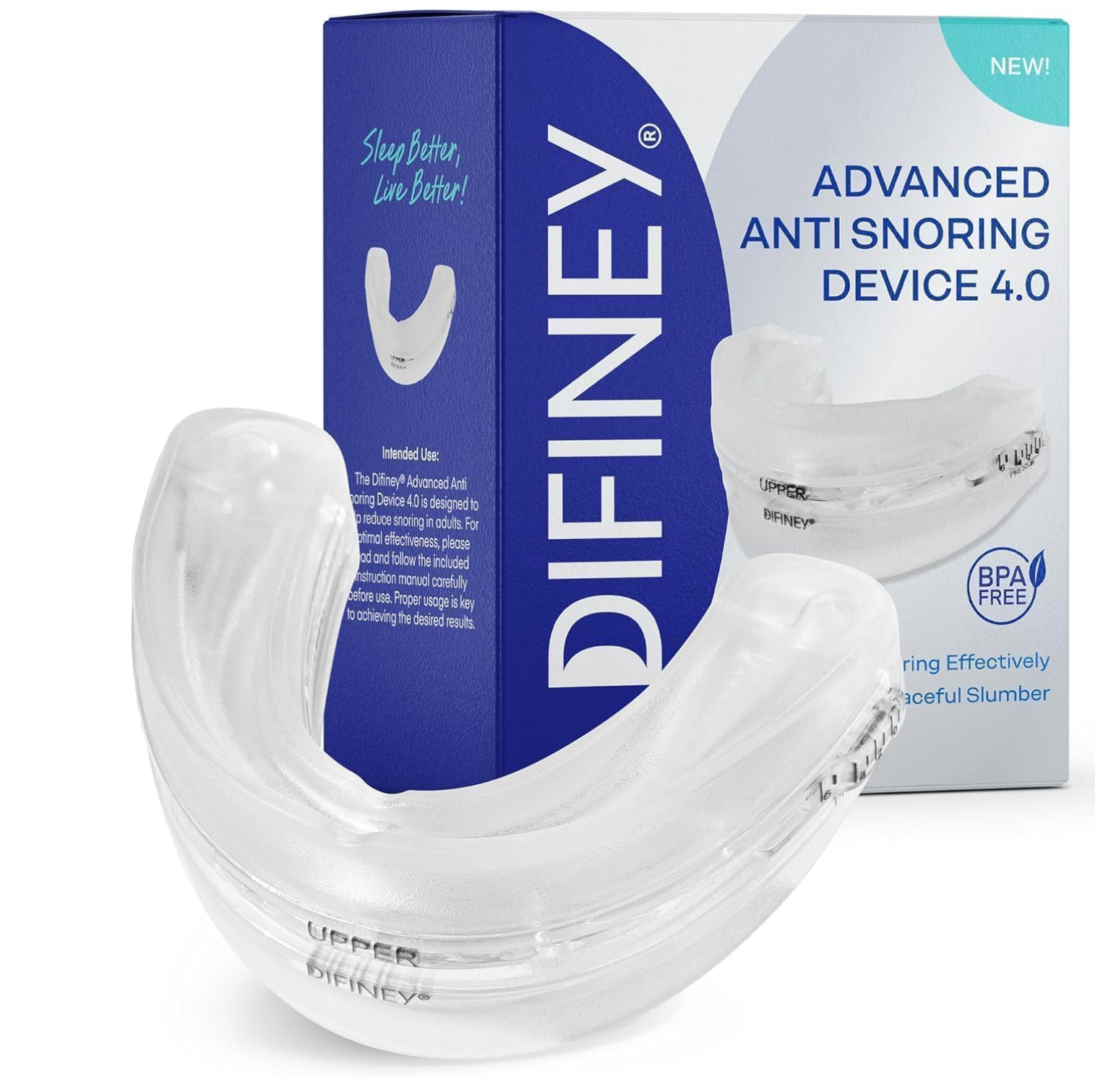 A clear orthodontic mouthguard with a blue and white box in the background labeled 'ADVANCED ANTI SNORING DEVICE 4.0' and 'Sleep Better, Live Better!'