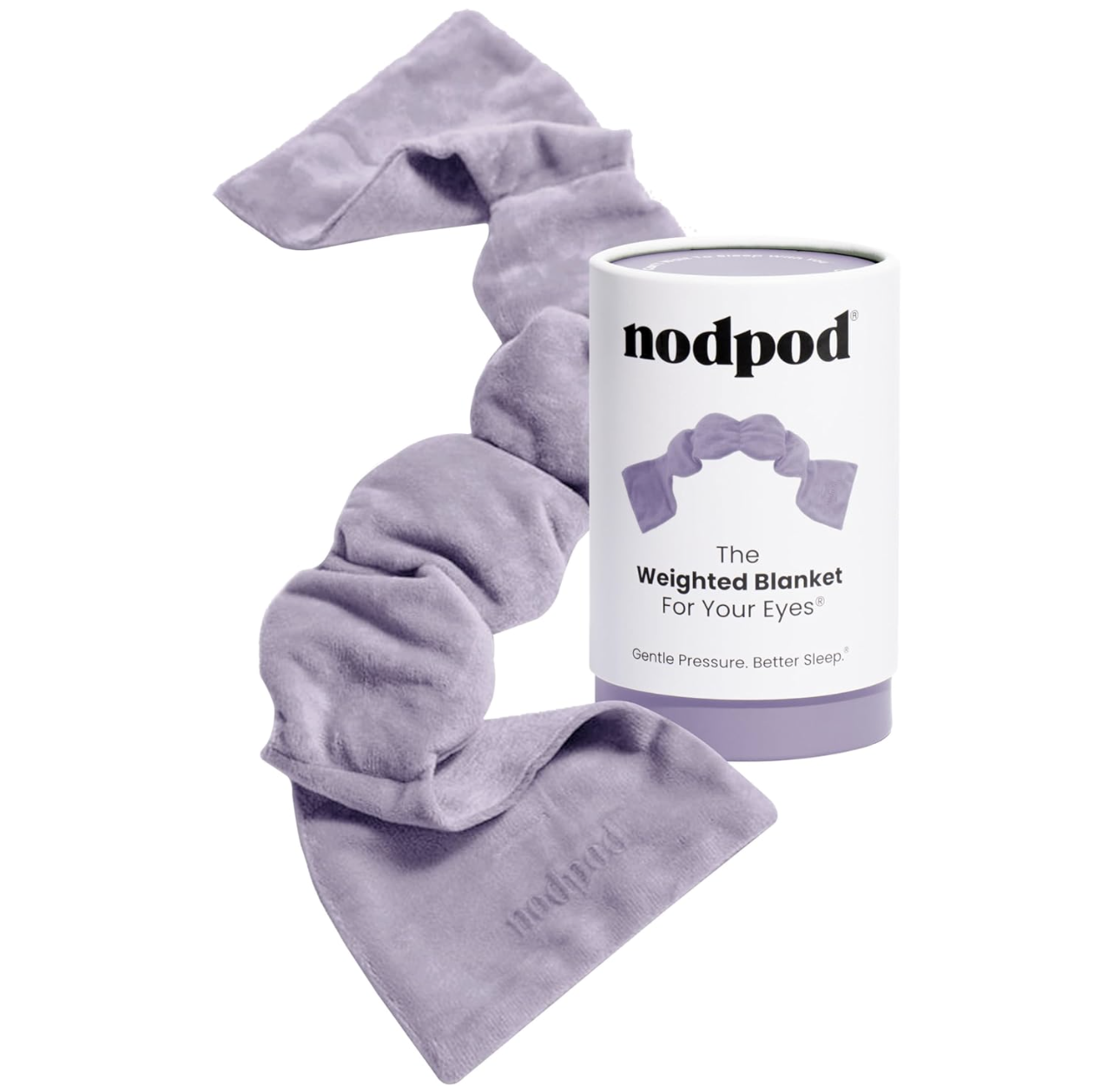 A purple weighted blanket curled around a white mug labeled 'nodpod' with the text 'The Weighted Blanket For Your Eyes' and a purple illustration of a weighted blanket, against a white background.