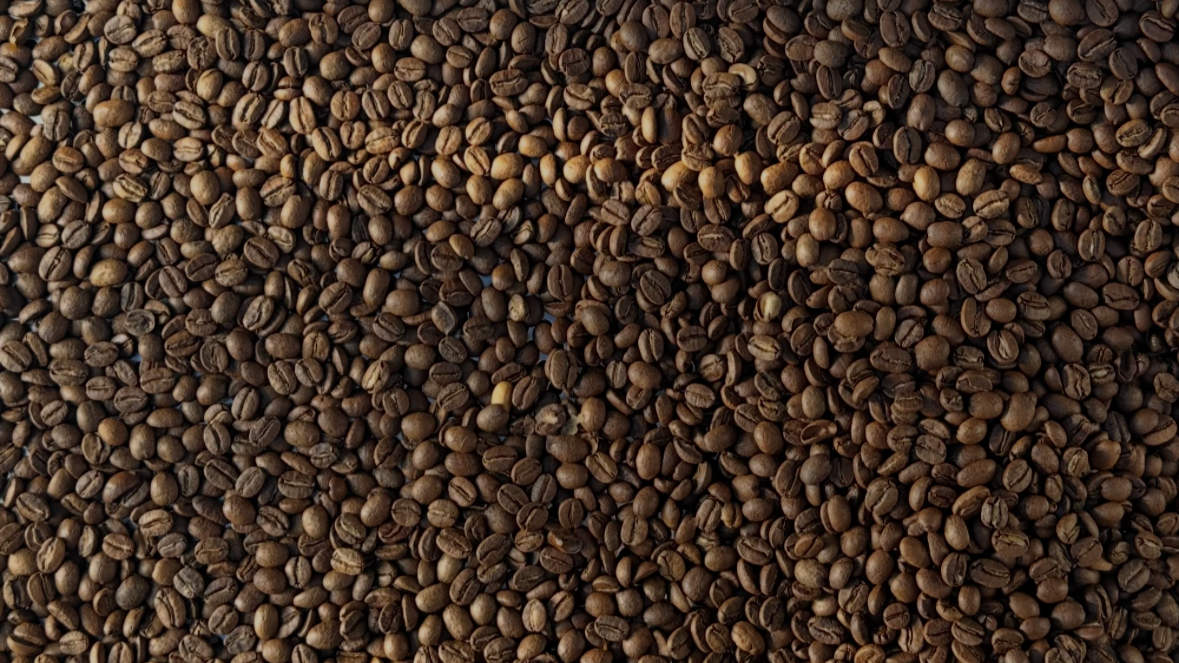 Close-up of roasted coffee beans spread out evenly.