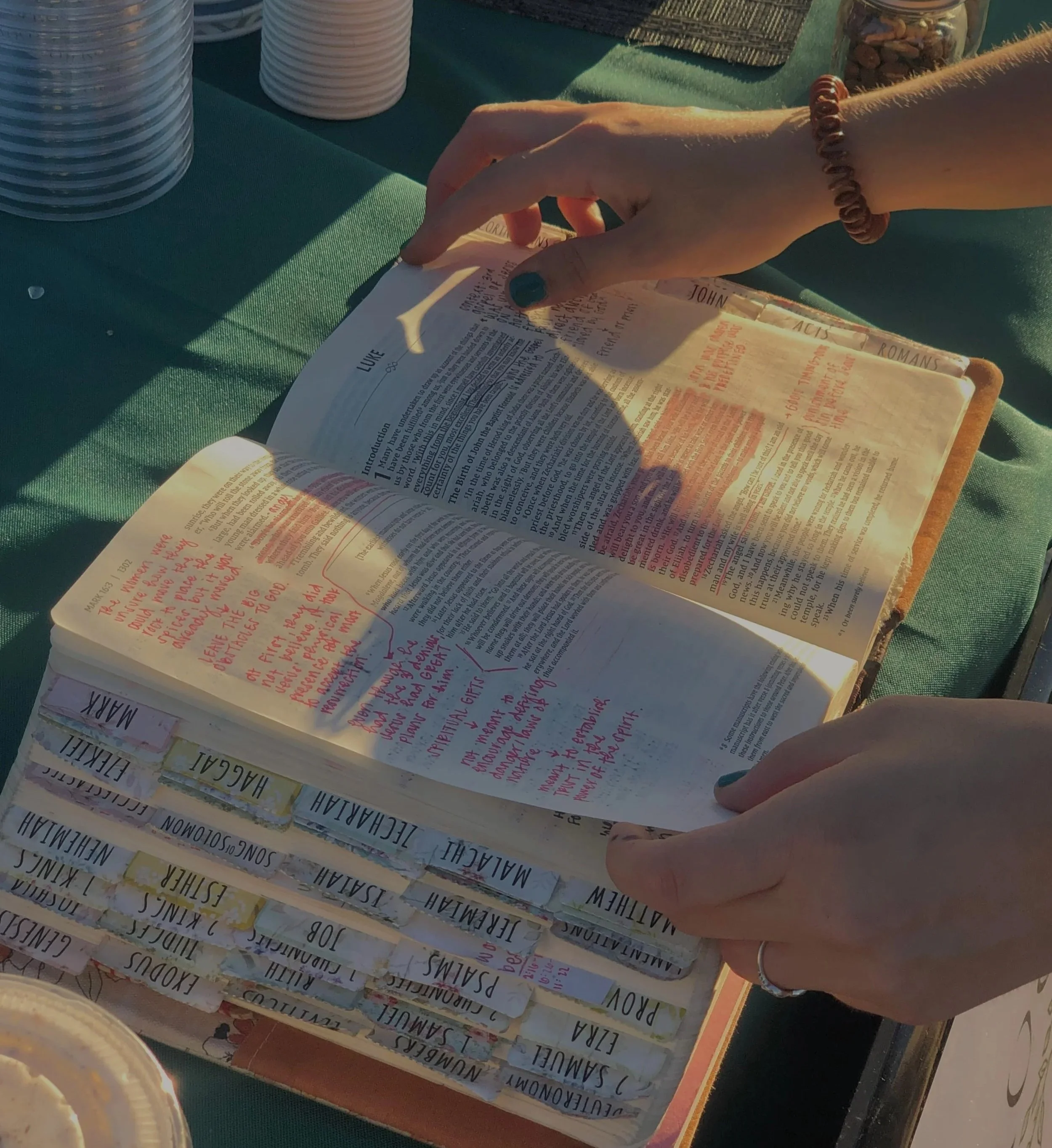 Open Bible with pink handwritten notes inside, surrounded by stacked Bible tabs and a person's hands flipping through the pages. There are disposable plates and a jar of almonds nearby on a green tablecloth.