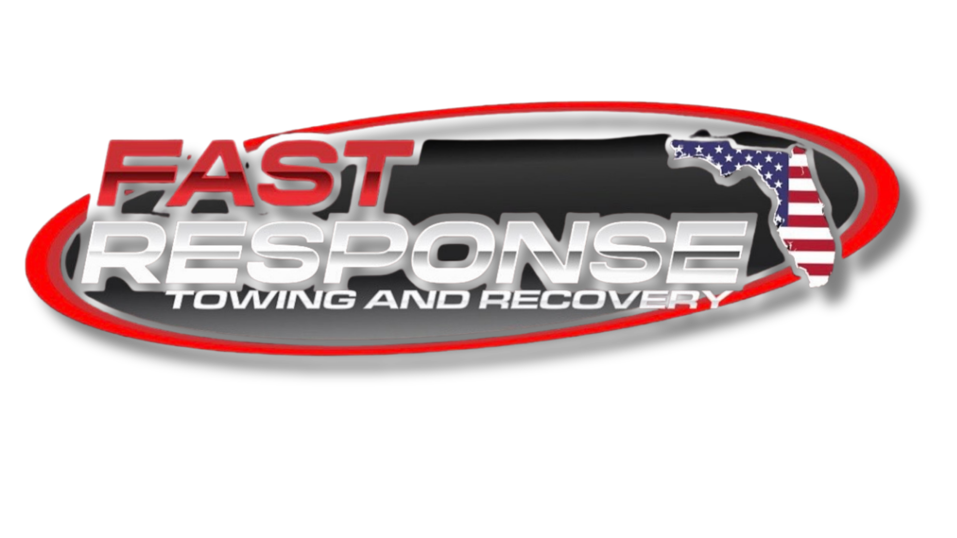 Logo for Fast Response Towing and Recovery, featuring stylized text in red, white, and black, with an American flag patterned outline of Florida and a red swoosh surrounding the graphic.
