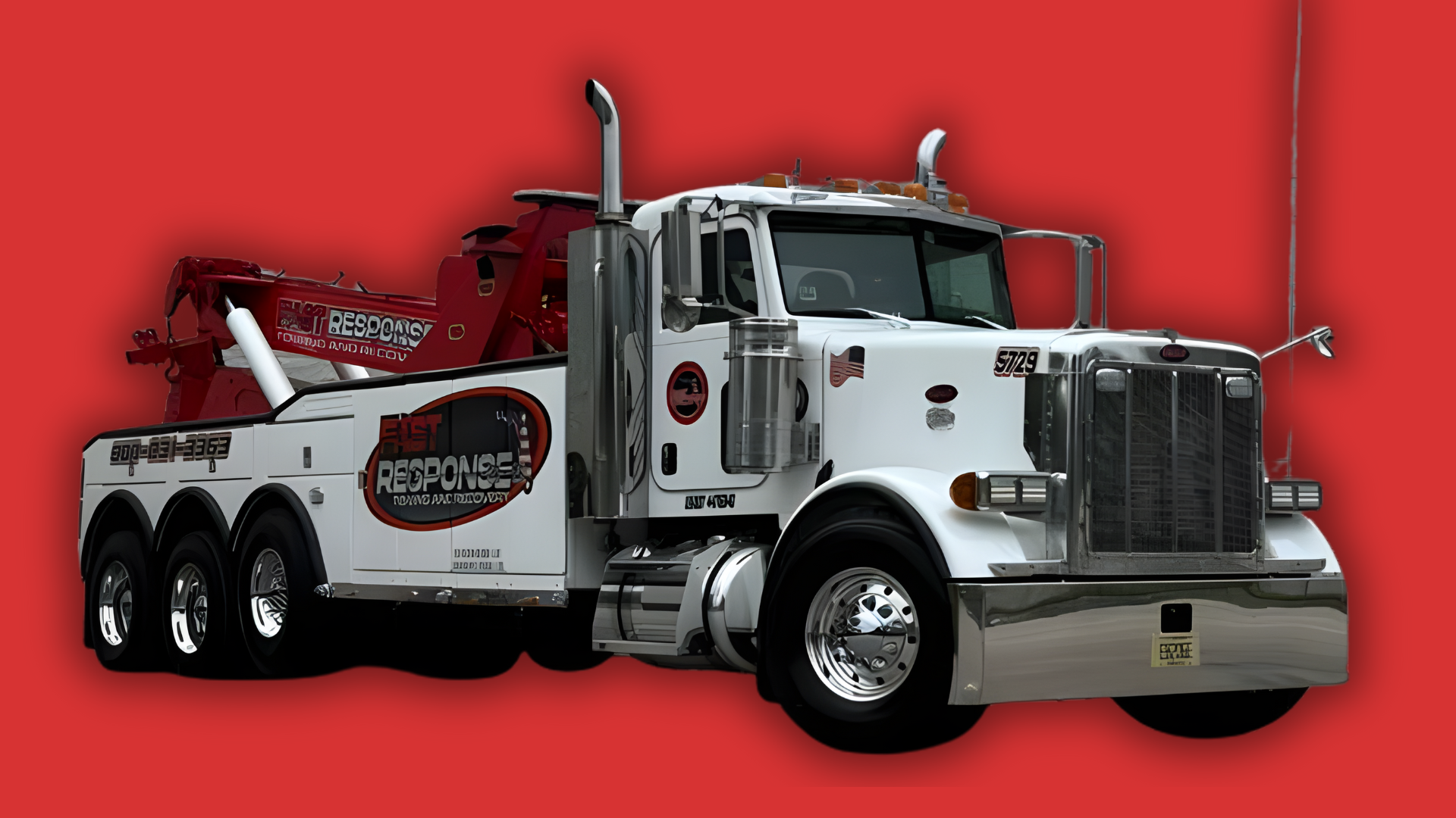 A large white tow truck with silver accents and black wheels, parked against a solid red background.