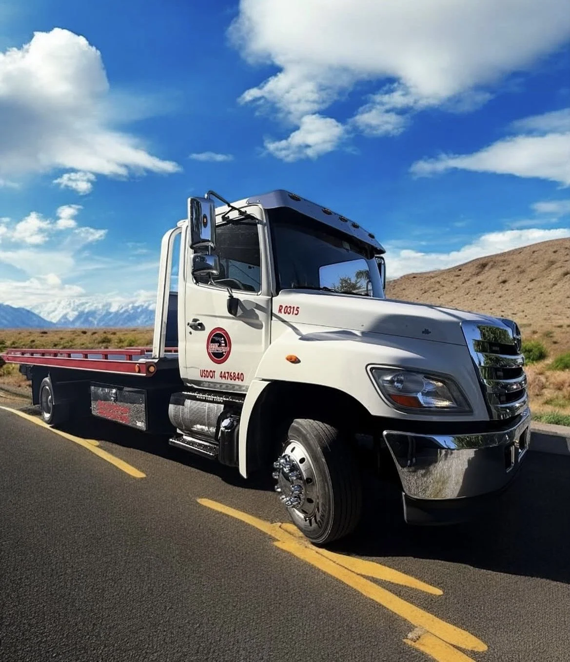 A white tow truck parked on the side of a road with a mountainous landscape and blue sky in the background.