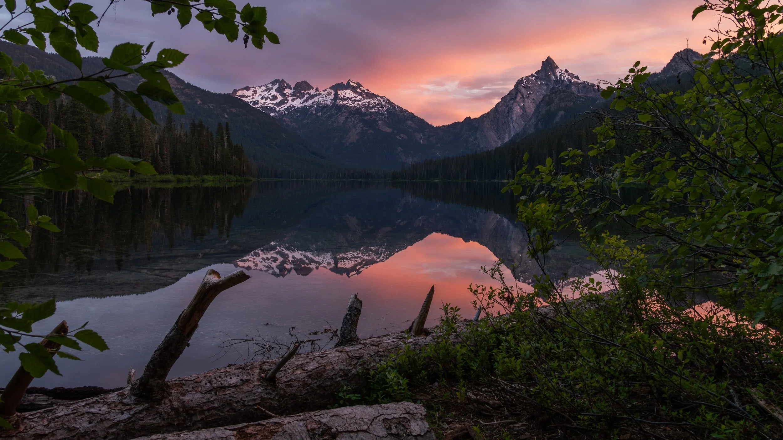 A serene mountain landscape with snow-capped peaks reflected in a calm lake during sunset, framed by green foliage and fallen logs in the foreground.