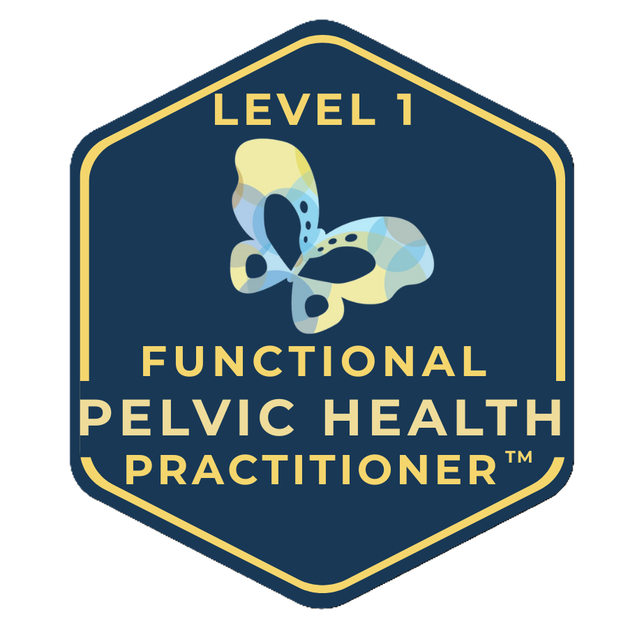 A badge or logo with a dark blue background and yellow border, featuring a blue, yellow, and white butterfly illustration at the center. The text reads "Level 1," "Functional Pelvic Health Practitioner™."