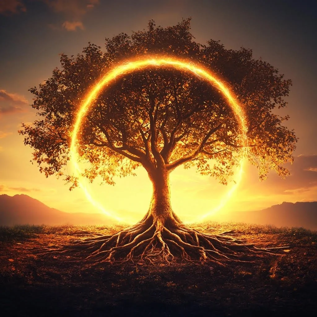 A tree with extensive roots and lush foliage is set against a sunset, encircled by a glowing ring of fire, creating a surreal, mystical landscape.