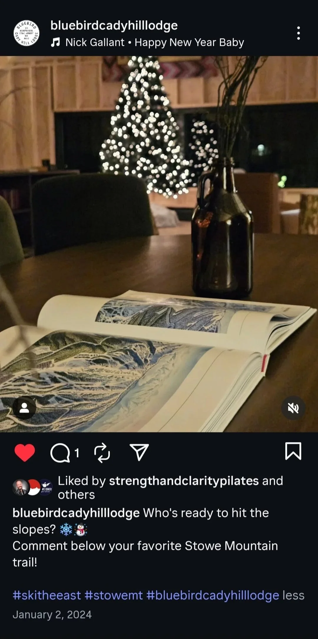 Instagram post of an illustrated ski mountain book on a table