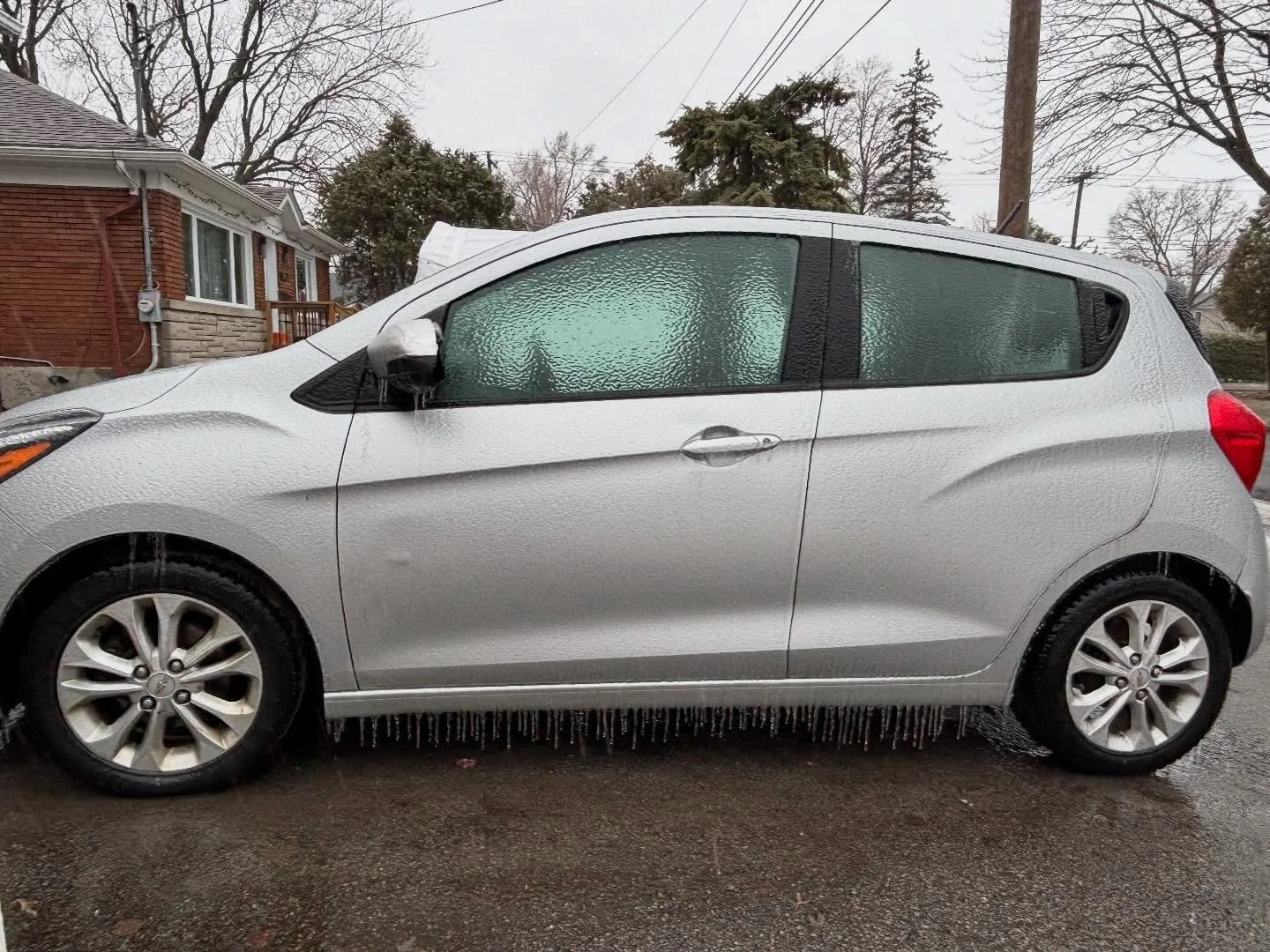 Not thrilled but there's an ice storm, but this is the first thing ever that is almost making my little Chevy Spark look tough. Oh your truck isn't lined in daggers like my subcompact?