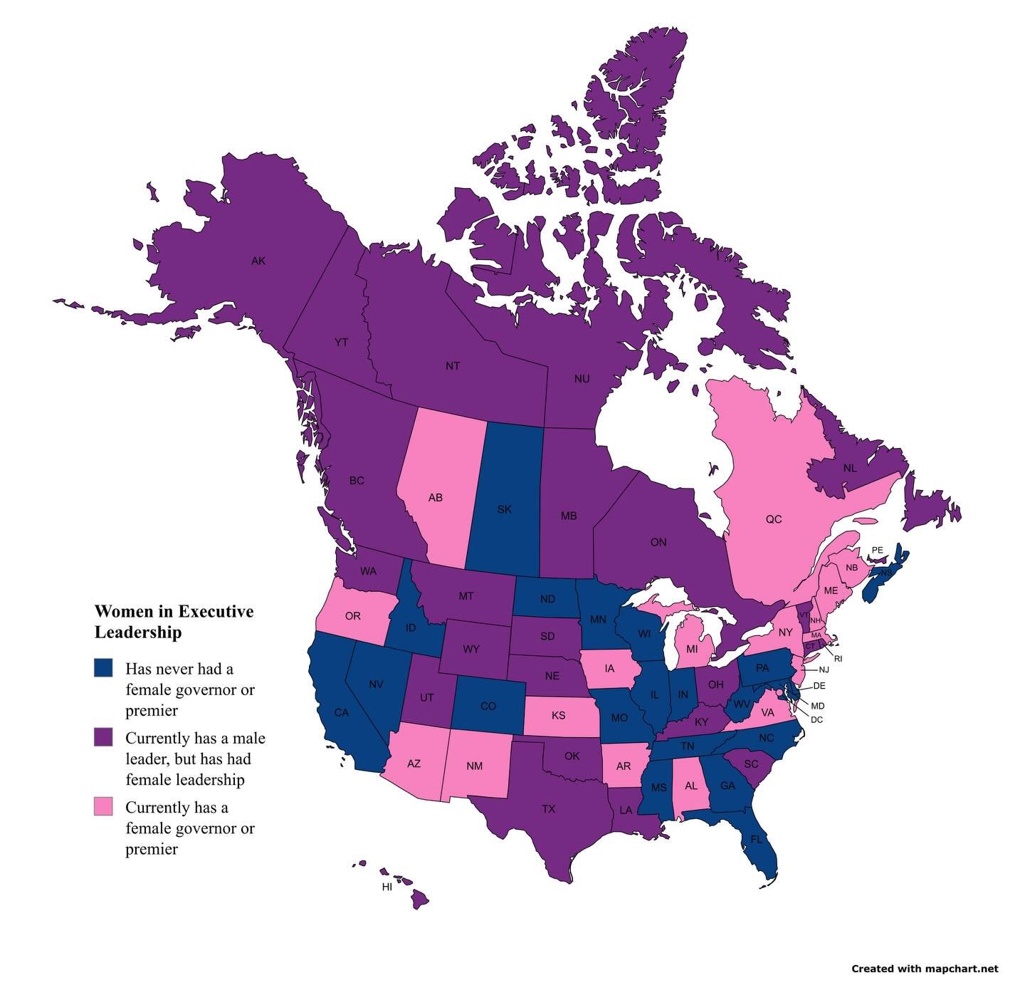 Which provinces and states have, have had, and have never had women in their top executive leadership posts?

I was surprised&mdash;and disappointed&mdash;by a few places that I thought prided themselves on more equity... 😬

[This map reflects Qu&ea