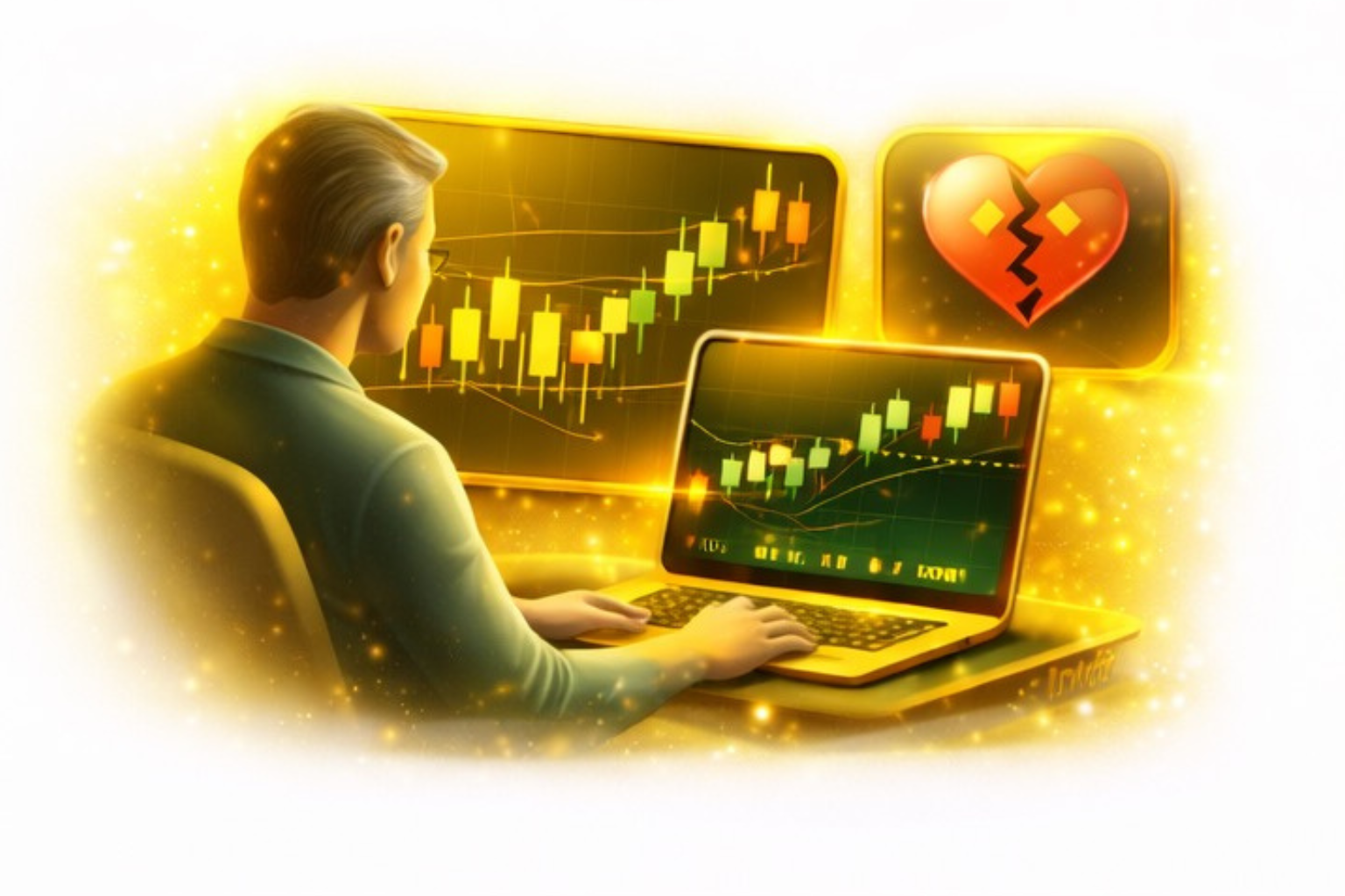 A man sitting at a desk using a laptop, with multiple screens displaying stock market charts in green and red candlesticks, and a broken heart graphic, all illuminated in a yellow glow.