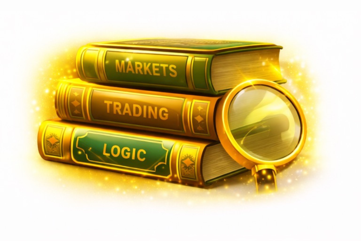 Three large, ornate books labeled 'Markets,' 'Trading,' and 'Logic,' with a magnifying glass placed on a white surface. The books are in green and gold colors with glowing effects.