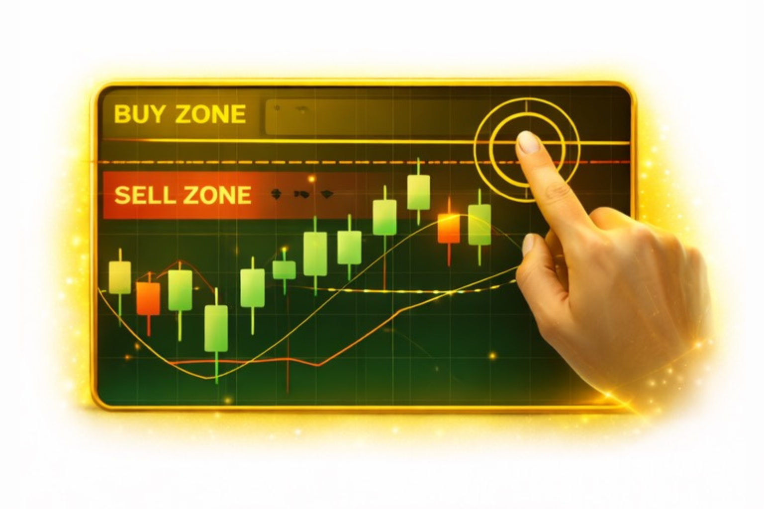 A hand points to a target on a digital trading chart with buy and sell zones, showing candlestick patterns.