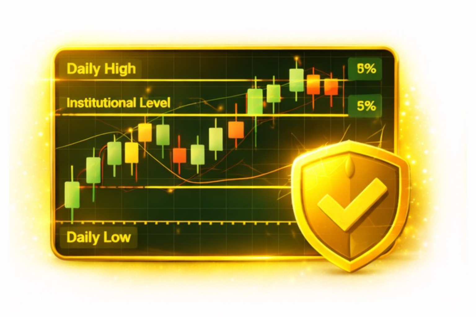 A financial chart showing stock price movements with green and red candlesticks, marked levels for daily high, daily low, and institutional level, and a shield icon with a check mark indicating security or verification.