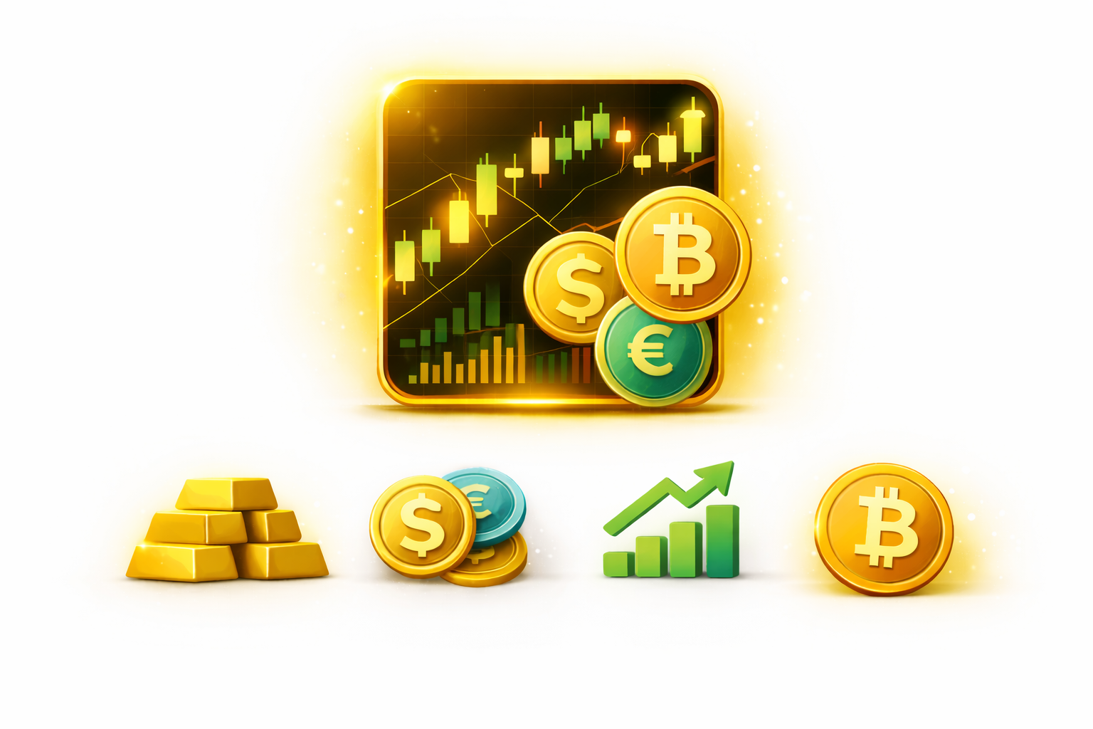 Digital illustration of cryptocurrency trading with a graph chart and coins representing dollars, euros, and Bitcoin.