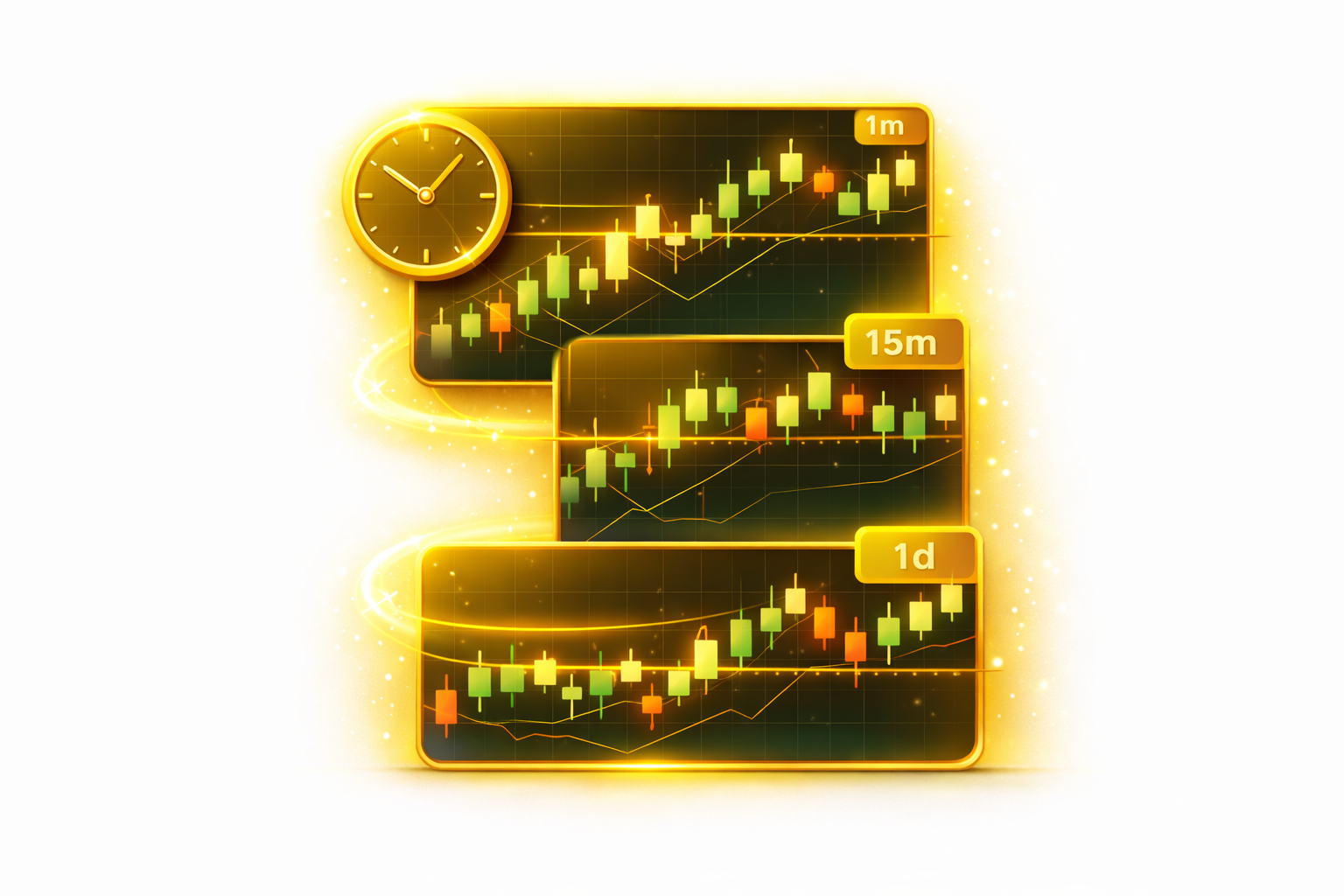 Digital illustration of three stock market charts with timeframes 1 minute, 15 minutes, and 1 day, accompanied by a clock showing time 10:10, all with a glowing gold effect.