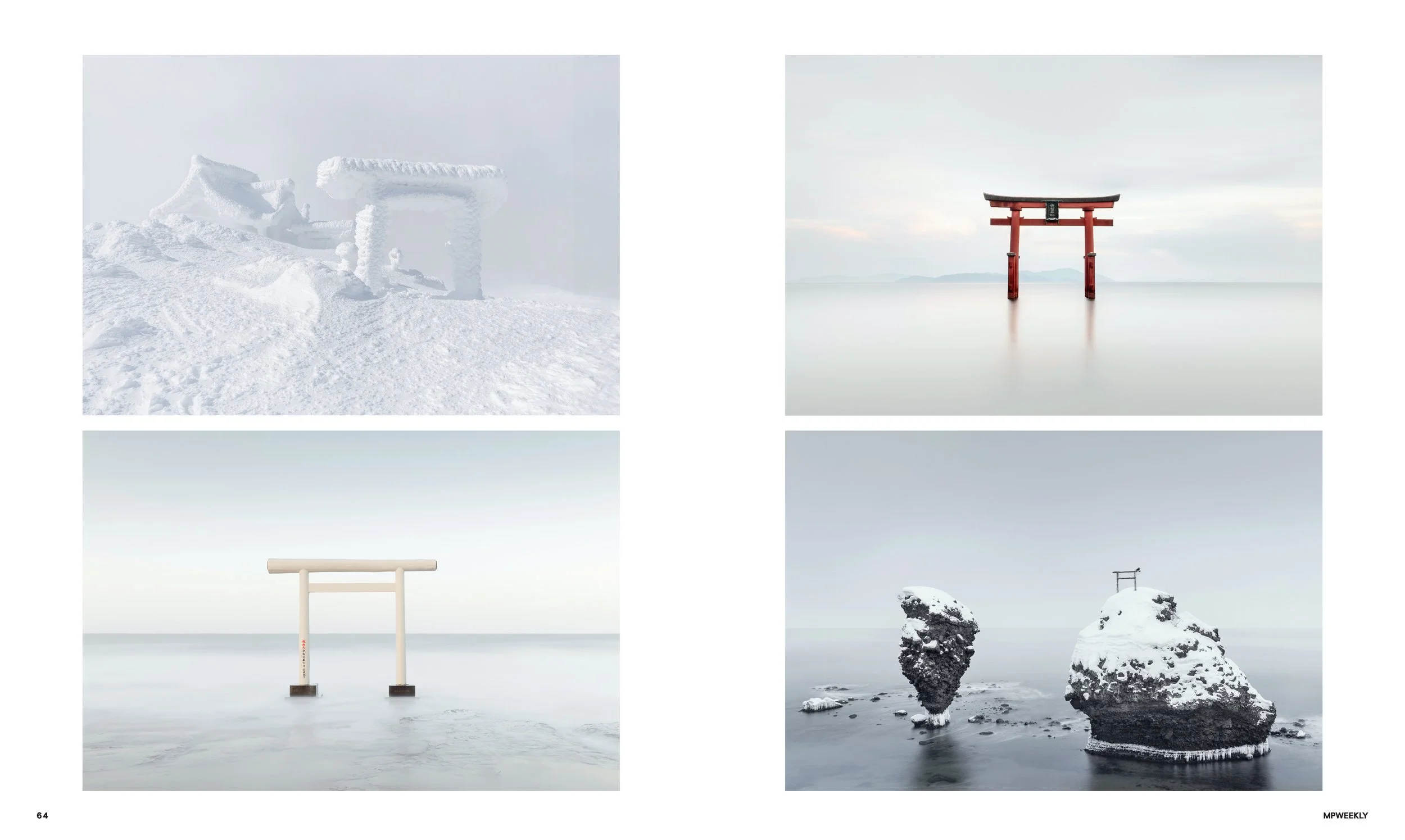 Four minimalist photographs of traditional Japanese torii gates in different settings: a snow-covered gate on a snowy mountain, a gate standing in calm water, a gate in the ocean with a cloudy sky, and a gate on snowy rocks in the sea.