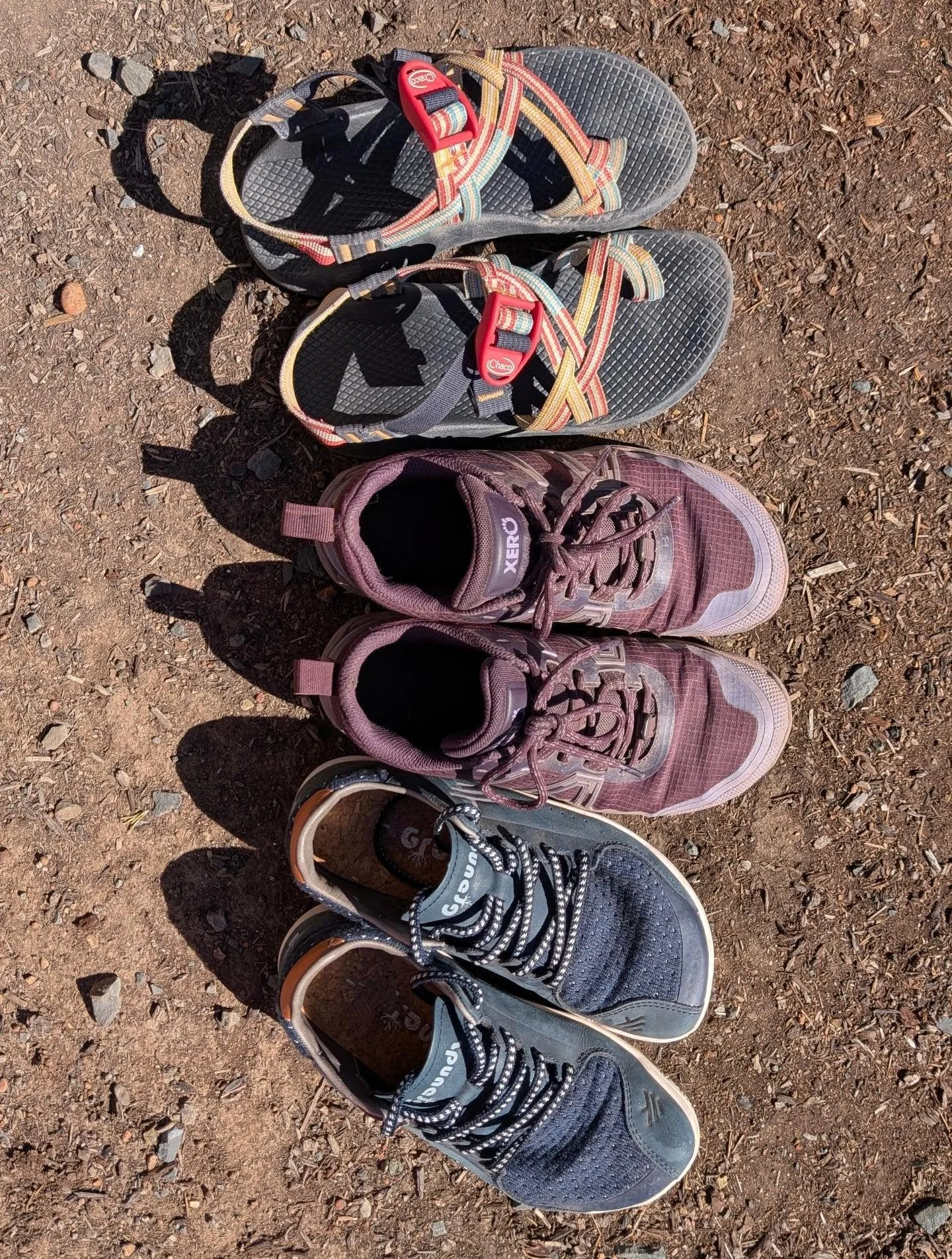 We always have at least two pairs of shoes in the truck. Today definitely includes water. If it's too cold, I want the purple Xero shoes which are also waterproof. The blue Groundz are grounding and who wouldn't want that in the soft floor of the red