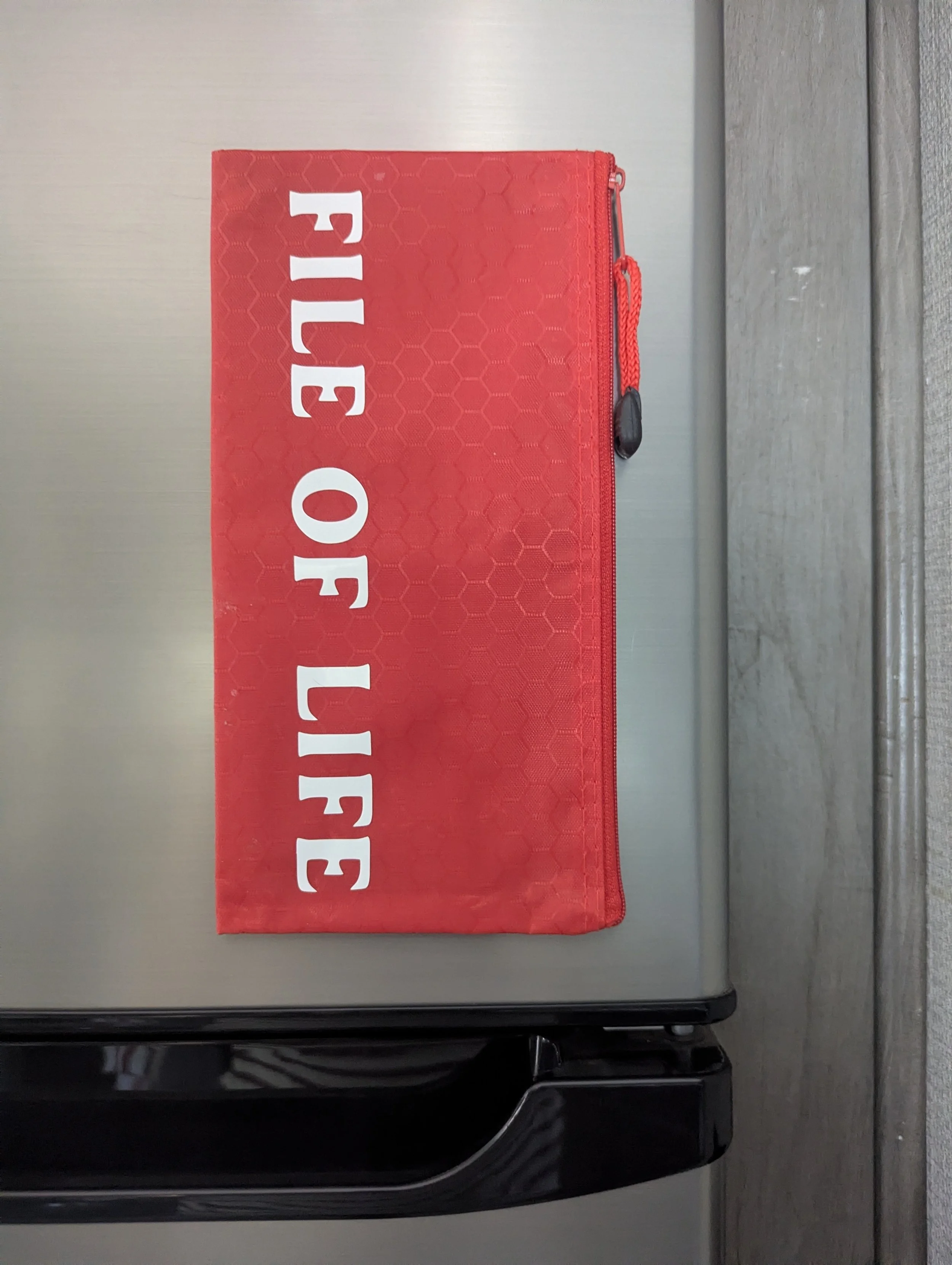 Red zippered pouch with the phrase 'FILE OF LIFE' in bold white capital letters on the front, placed on a metallic surface.