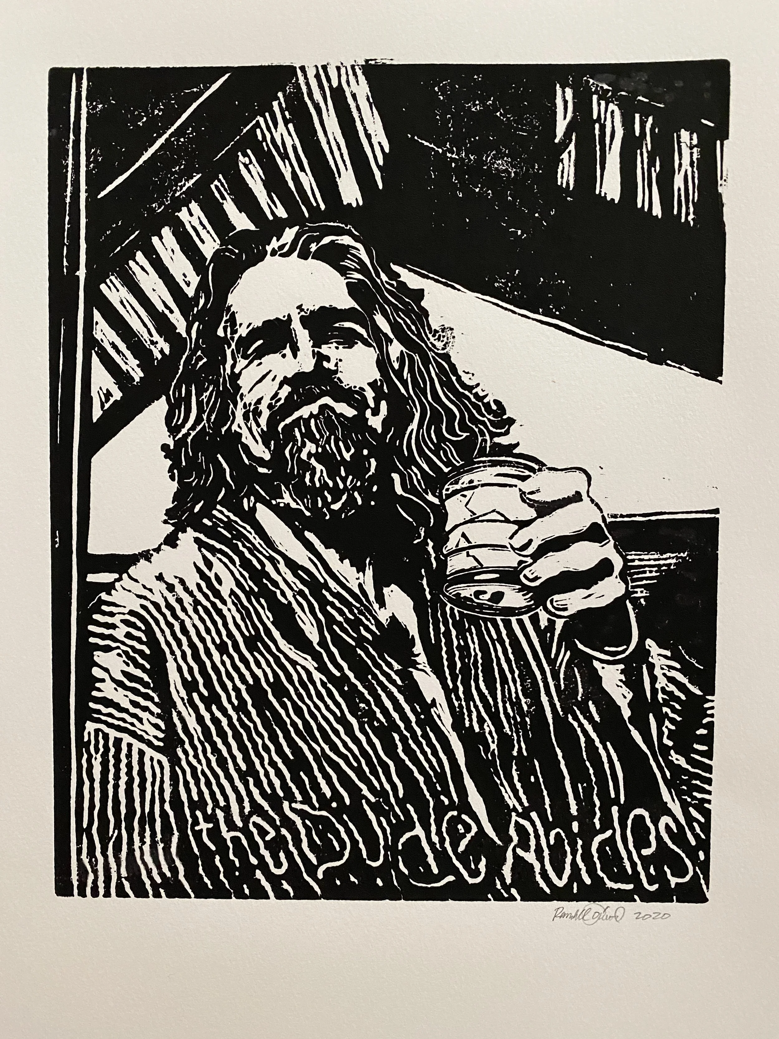 The Dude Abides : Original linocut print, matted and framed. It really ties the room together.