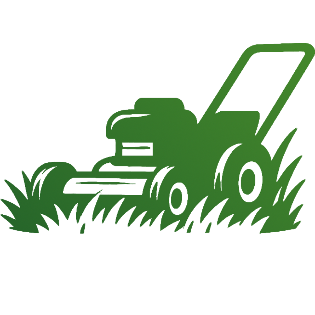Green icon of a garden tractor with grass and plants around it.