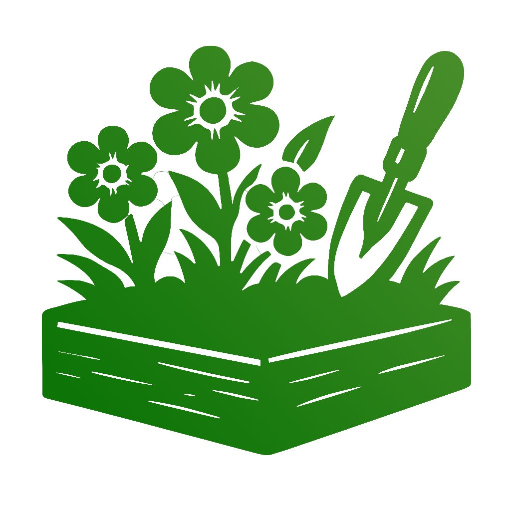 Green illustration of a flower pot with three blooming flowers and leaves.