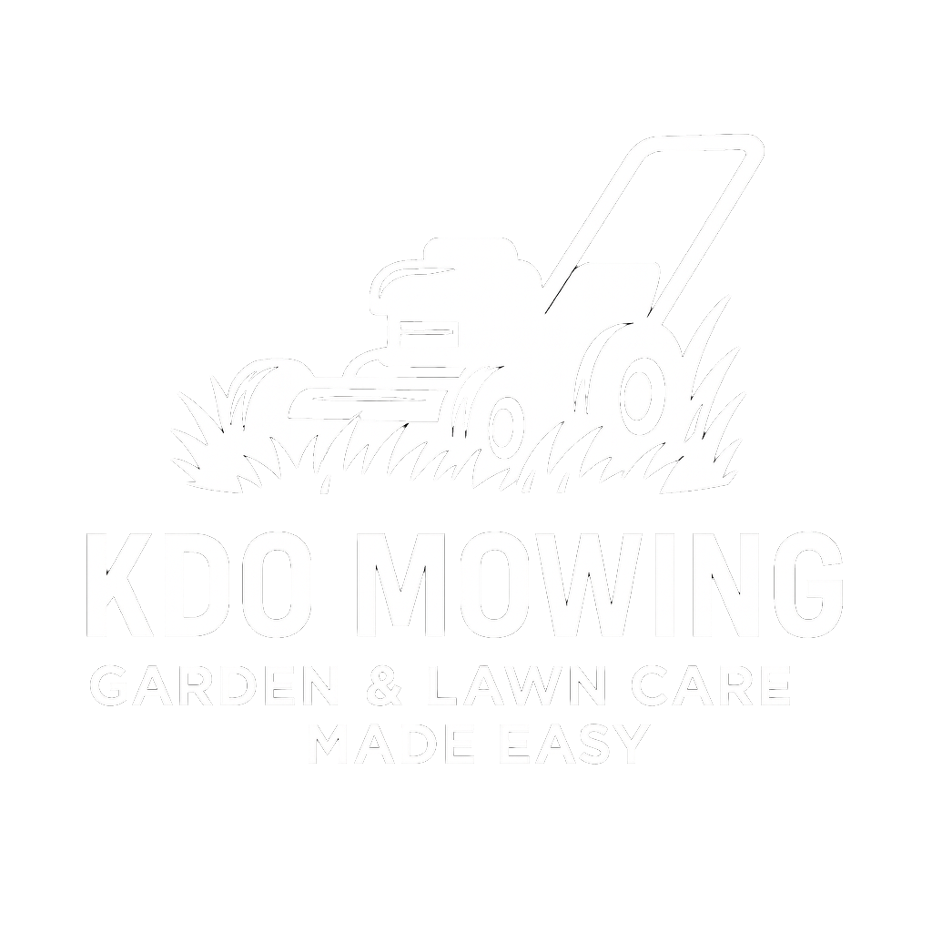 Logo for KDO Mowing featuring a lawnmower with a smartphone and grass, with text 'KDO Mowing Garden & Lawn Care Made Easy'