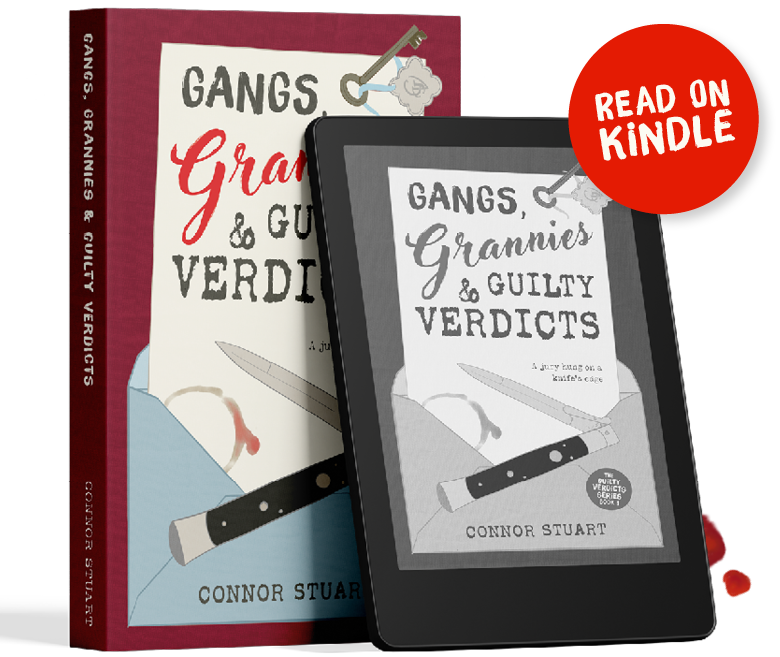 Book titled 'Gangs, Grannies & Guilty Verdicts' by Connor Stuart with a Kindle e-reader displaying the same cover, red circular sticker says 'Read on Kindle'