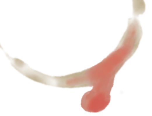 Close-up of a teacup ring with blood seeping into the tea.