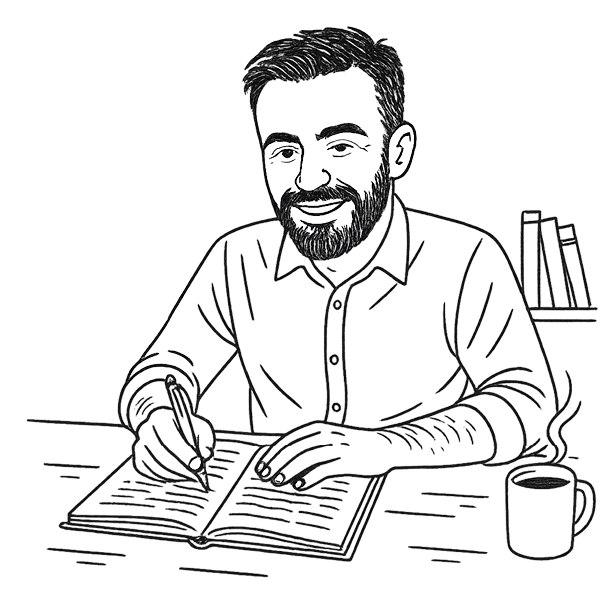 Black and white illustration of a man with a beard and short hair, sitting at a table, smiling, writing in an open book, with a cup of coffee and a bookshelf in the background.