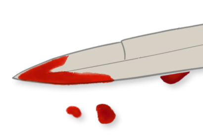 A silver switchblade with a bloodstained blade and blood drops.