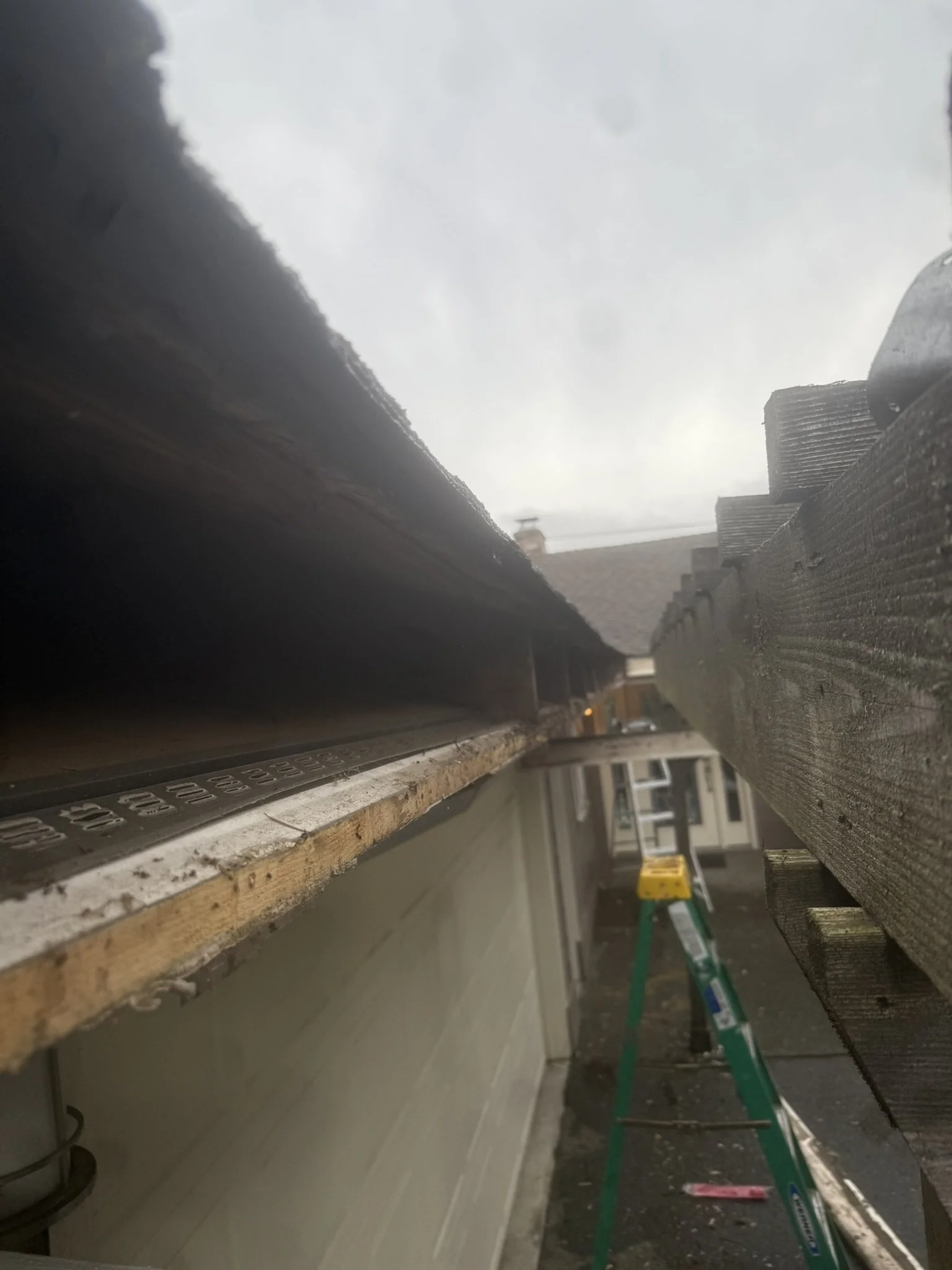 Close-up view of a wooden fence construction on a residential building, with a ladder and neighboring houses in the background under an overcast sky.