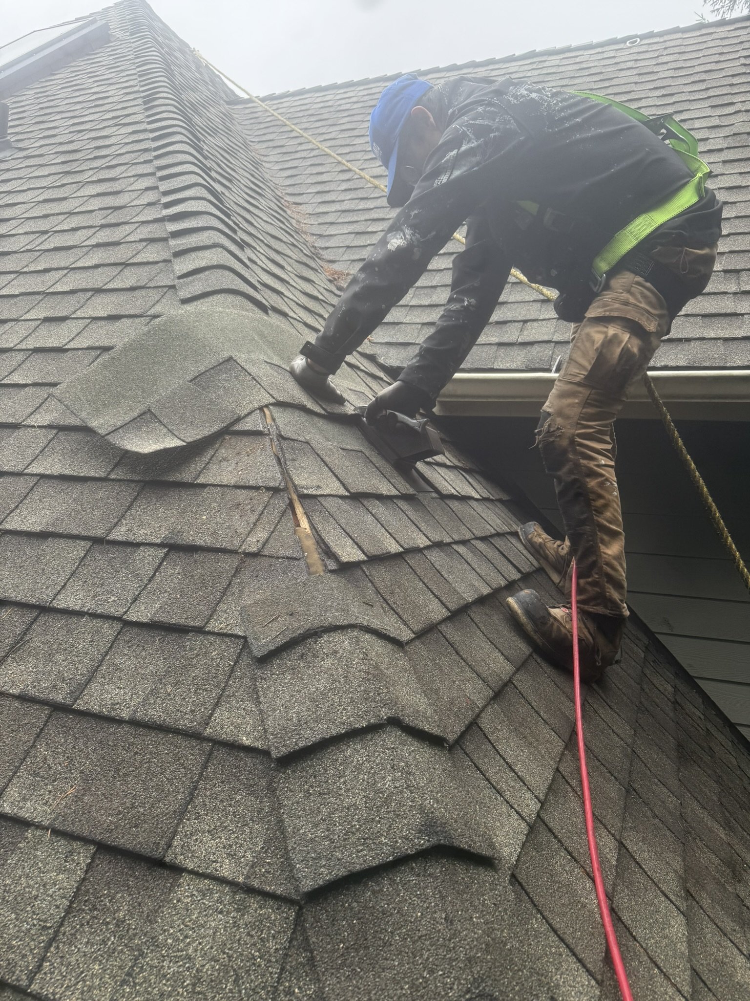 A worker inspecting a roof with asphalt shingles, kneeling and using a tool, wearing safety gear including a blue helmet and harness, on a foggy day.