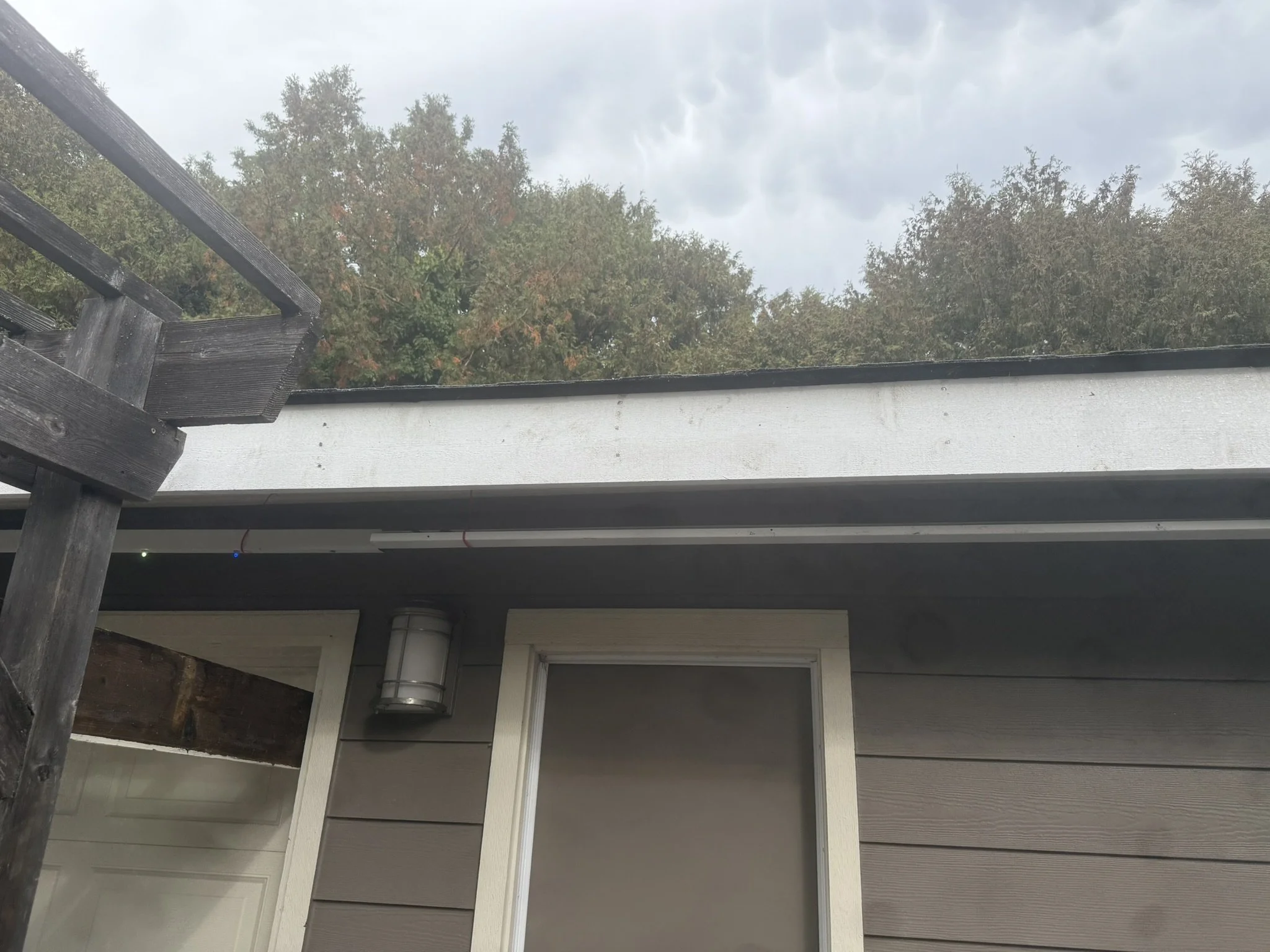 Close-up view of a section of a house's exterior corner with wooden siding, a doorway, and a outdoor wall light, with trees and cloudy sky in the background.