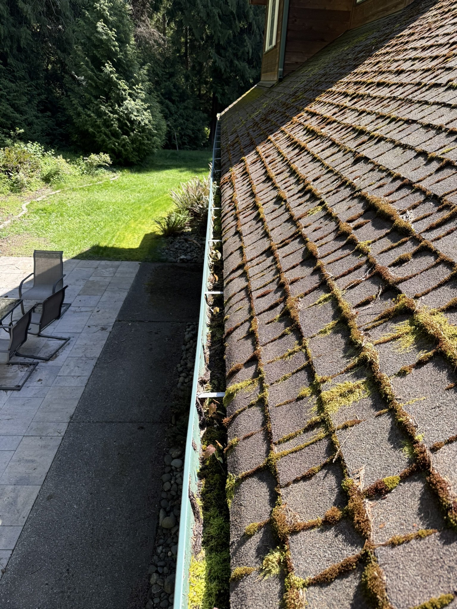 View of a house roof with moss growing on the shingles, showing a neighboring yard with patio chairs, a patio, and a lush green grassy area surrounded by trees.