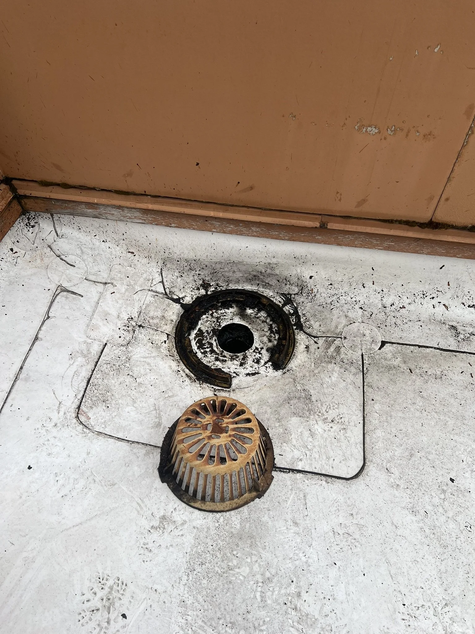 The roof drain cover has been removed, revealing a dirty and clogged drain. The area around the drain is stained and gritty, with a  drain cover placed next to it on the floor.