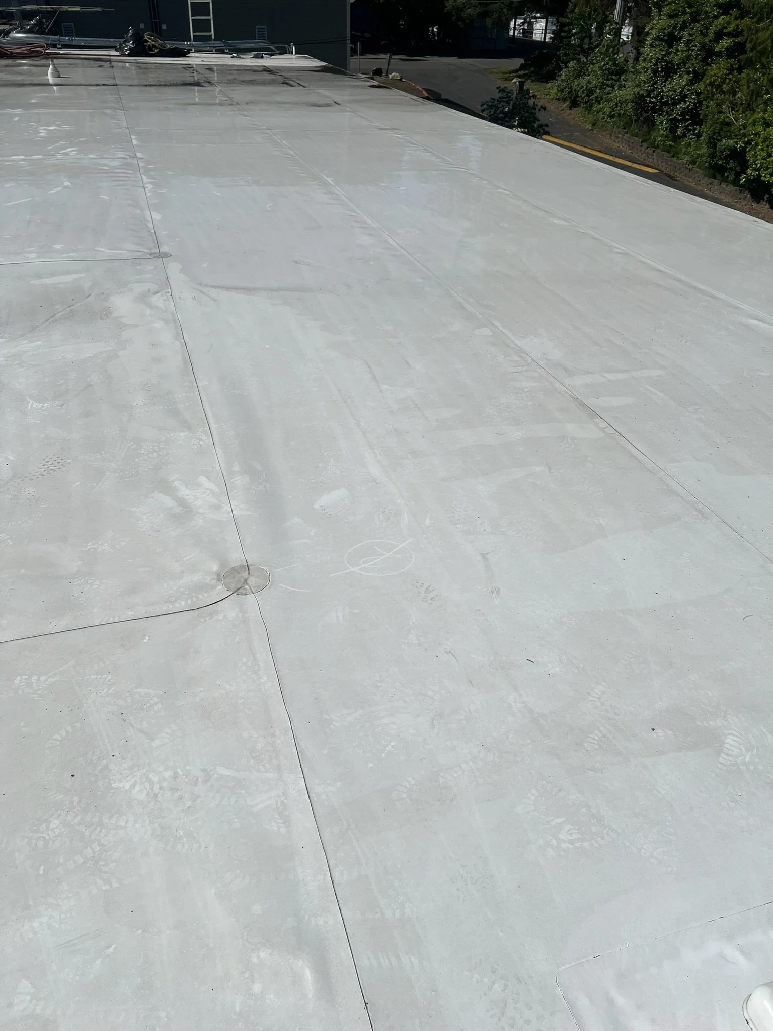 Flat rooftop with white material, visible seams, and some footprints, with trees and a parking lot in the background.