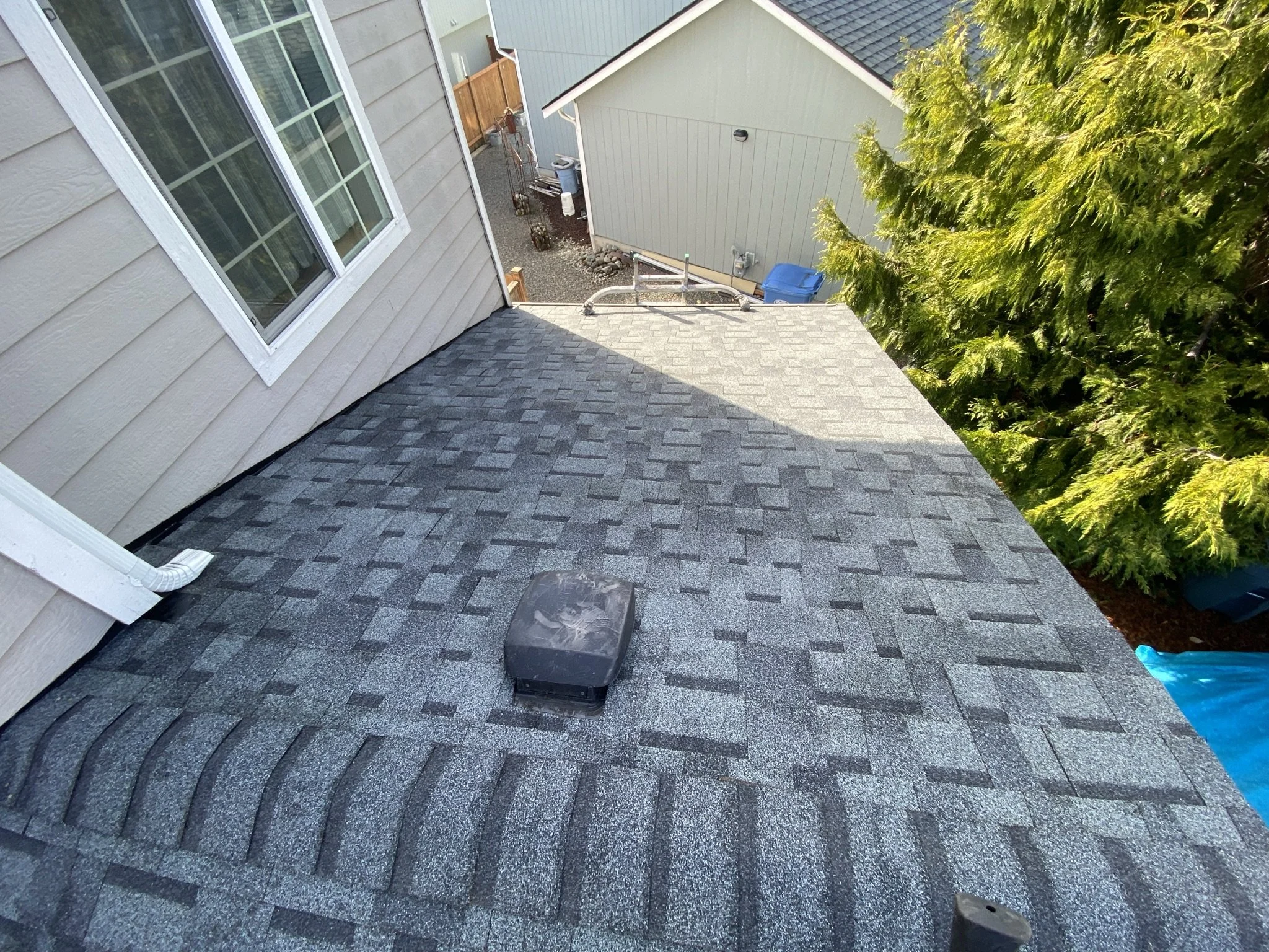 View of a residential rooftop with asphalt shingles and a roof vent, next to a beige house with a large window, and a backyard with trees and a shed.