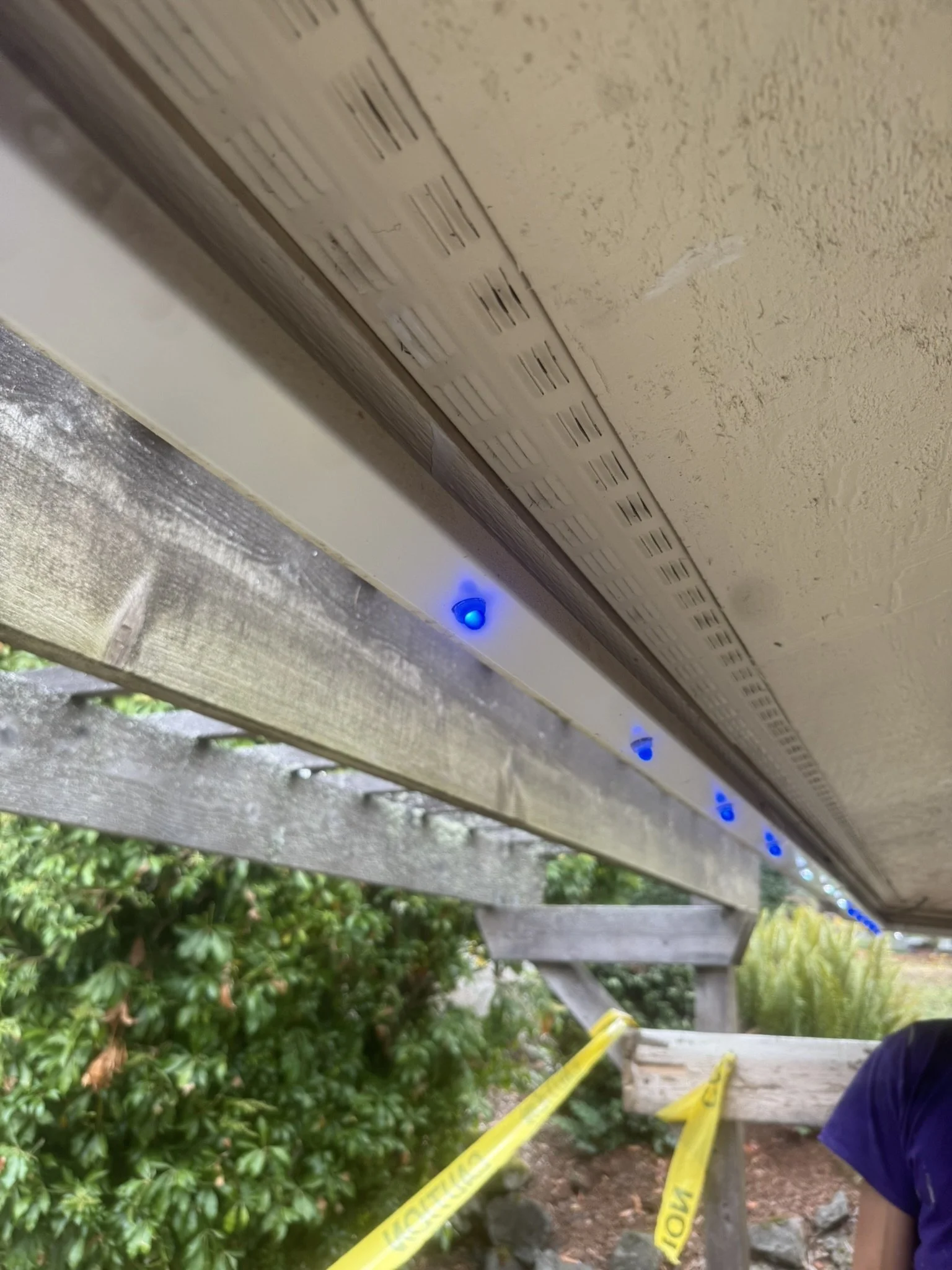 Close-up of electronic bird deterrent device mounted under a porch ceiling with blue LED lights, outdoor wooden railing, and greenery in the background.