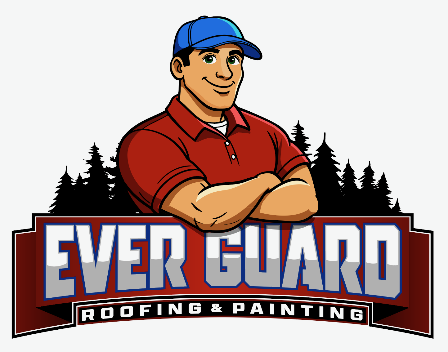 Logo of Ever Guard Roofing & Painting featuring a cartoon man with crossed arms wearing a blue cap and red shirt in front of a background of pine trees.