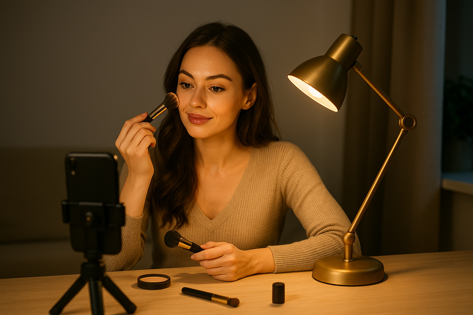 A woman applying makeup while filming a tutorial. She is sitting at a desk with makeup tools, a gold desk lamp, and a smartphone on a tripod.
