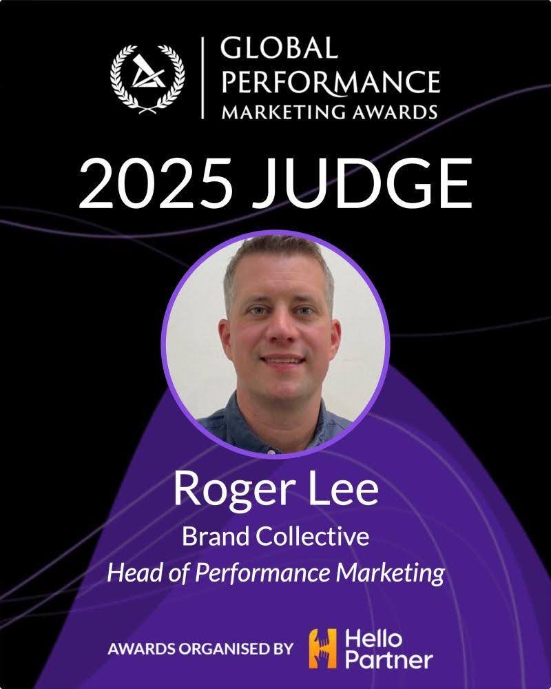Judge badge for the 2025 Global Performance Marketing Awards featuring a photo of Roger Lee, Head of Performance Marketing at Brand Collective, organized by Hello Partner.